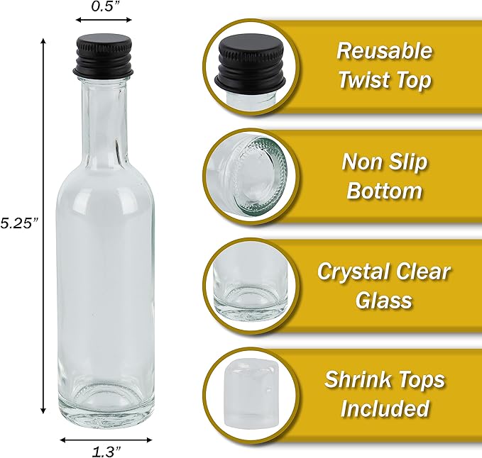 50 ml Mini Small Glass Bottles With Aluminum Lid and Heat Shrinks 24 Pack (Black Caps) for Liquor Sauce Party Favors Beverage