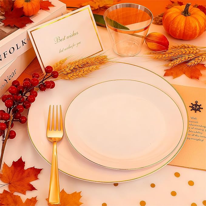 Festiva 176Pcs White and Gold Plastic Plates - White with Gold Rim Fall Dinnerware Set - 25Guest include Plates Cups Cutlery Napkins for Fall Party&Wedding& New Year&Thanksgiving (175PCS)