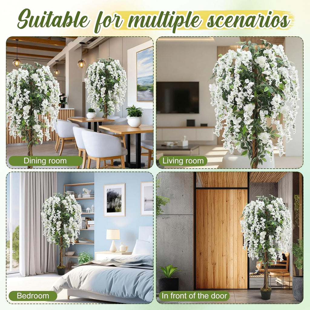 5ft artificial wisteria tree, tall faux flowering plant, close-up detail