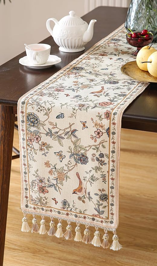 ISAENNE Designer Linen Table Runner 118 Inches Extra Long,Elegant Floral Bird Pattern Table Runners for Dining Room,Farmhouse Rustic Kitchen Decor,Thanksgiving,Christmas,12"*118"-Cornucopia