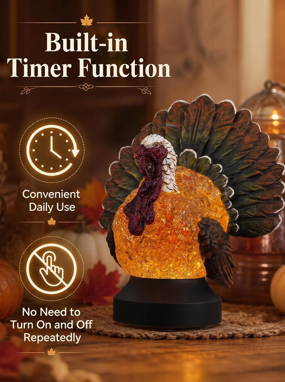 Thanksgiving Turkey Snow Globe Lantern, Lighted Fall Tabletop Decoration with...