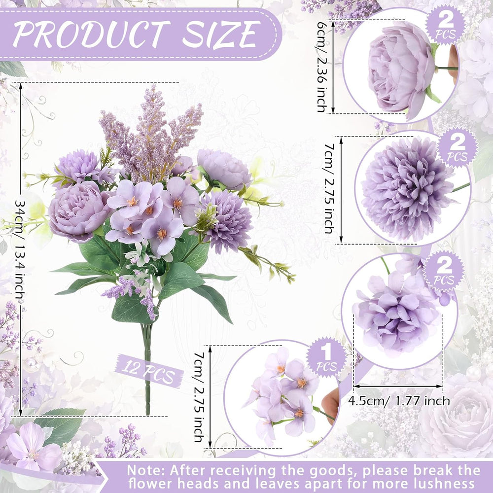 12 Pcs 13.4 Inch Artificial Flowers Bouquet,Peony,Purple