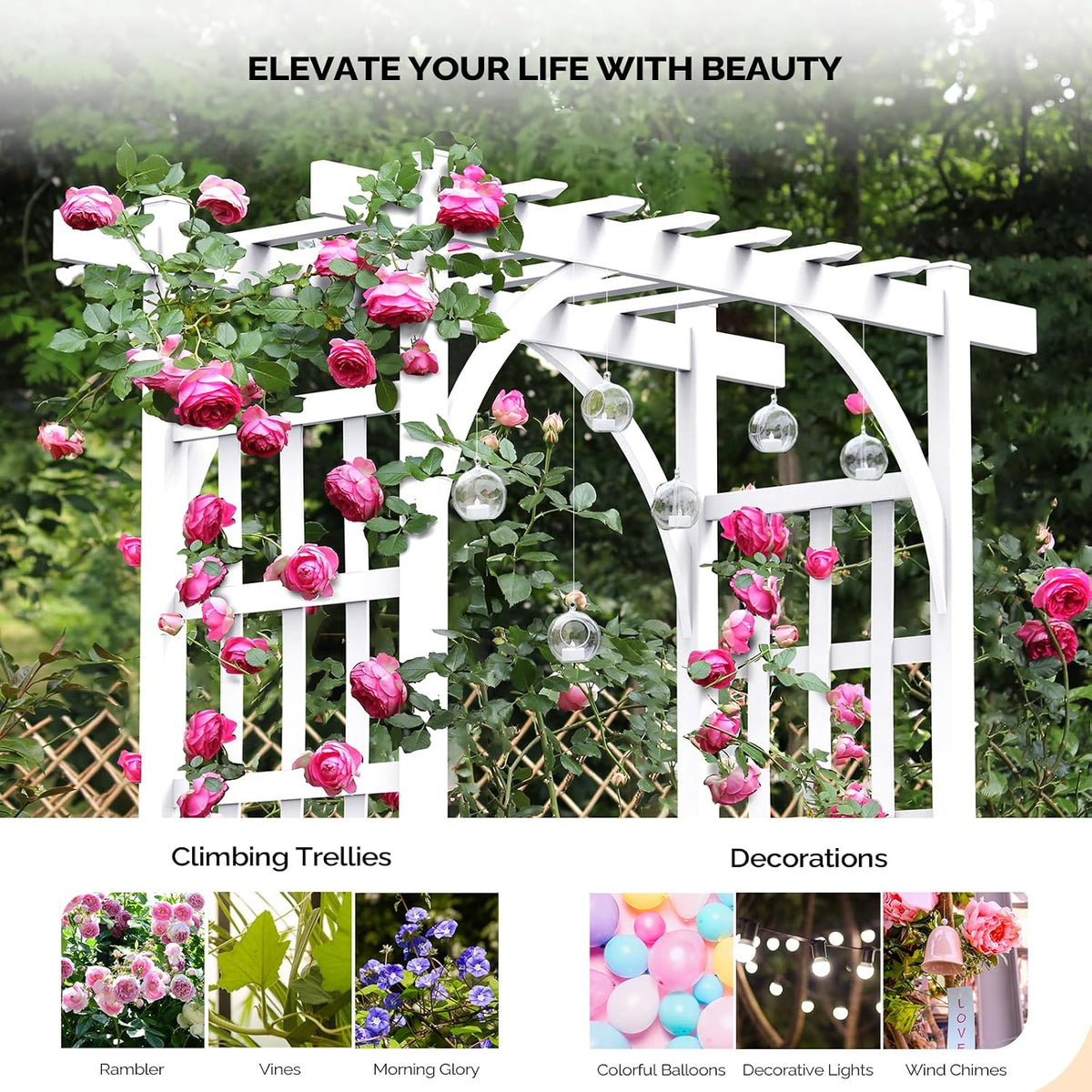 vingli garden arbor, pvc wedding arch for ceremony showing dimensions