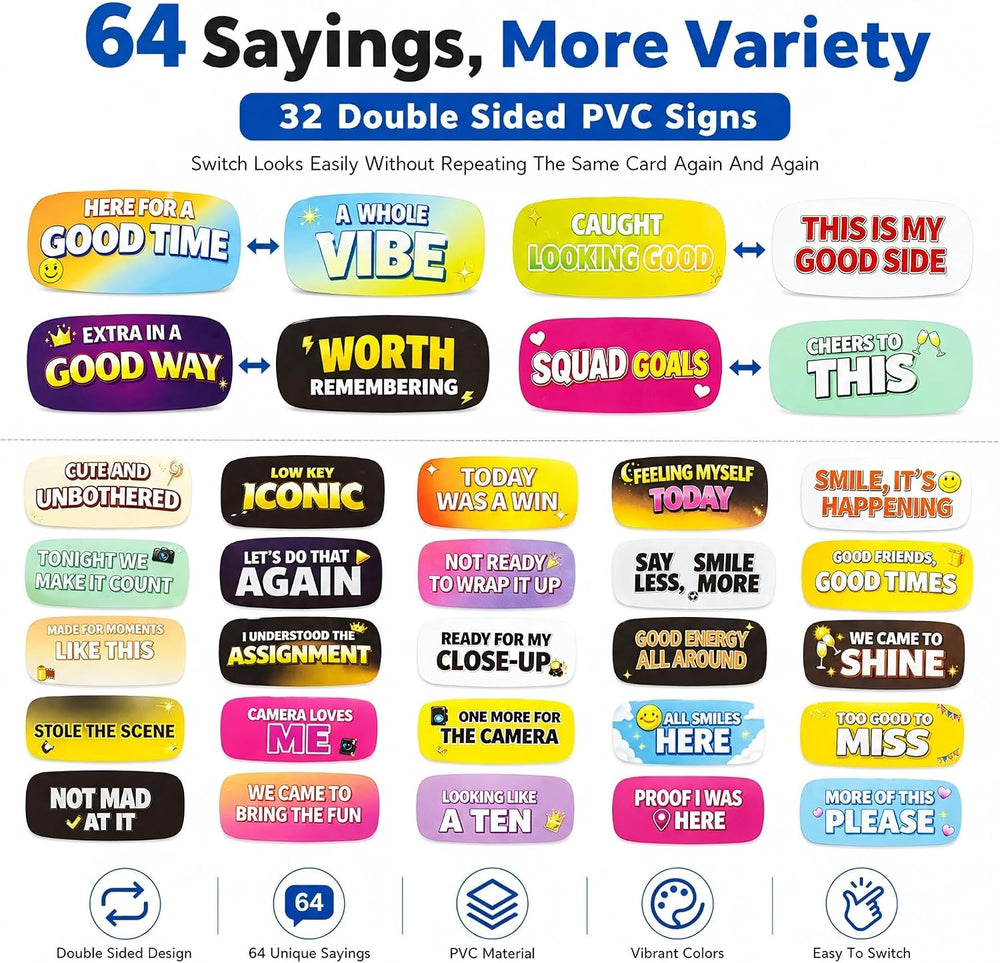 64 Designs Funny Photo Booth Props, 32 Double Sided PVC Signs