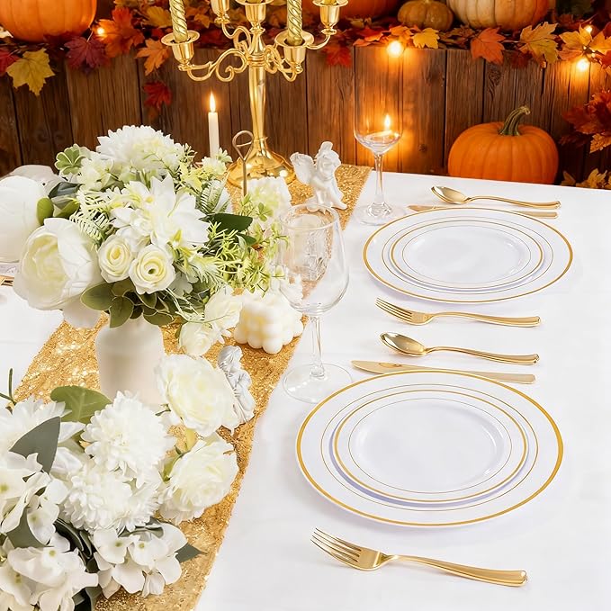 350 Pieces White and Gold Plastic Plates - 50 Guest Thanksgiving Dinnerware Set Include 100 Plates, 50 Plastic Silverware, 50 Napkins and 50 Cups for Thanksgiving