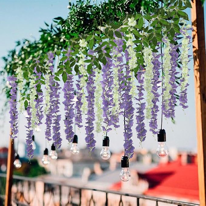 24 Pcs of Wisteria Hanging Flowers, 3.75 Feet Fake Wisteria Flower Strings, Artificial Wisteria Flowers Hanging Garland for Backdrop, Wedding, Ceremony,Garden and Home Wall Decoration (Light Purple)