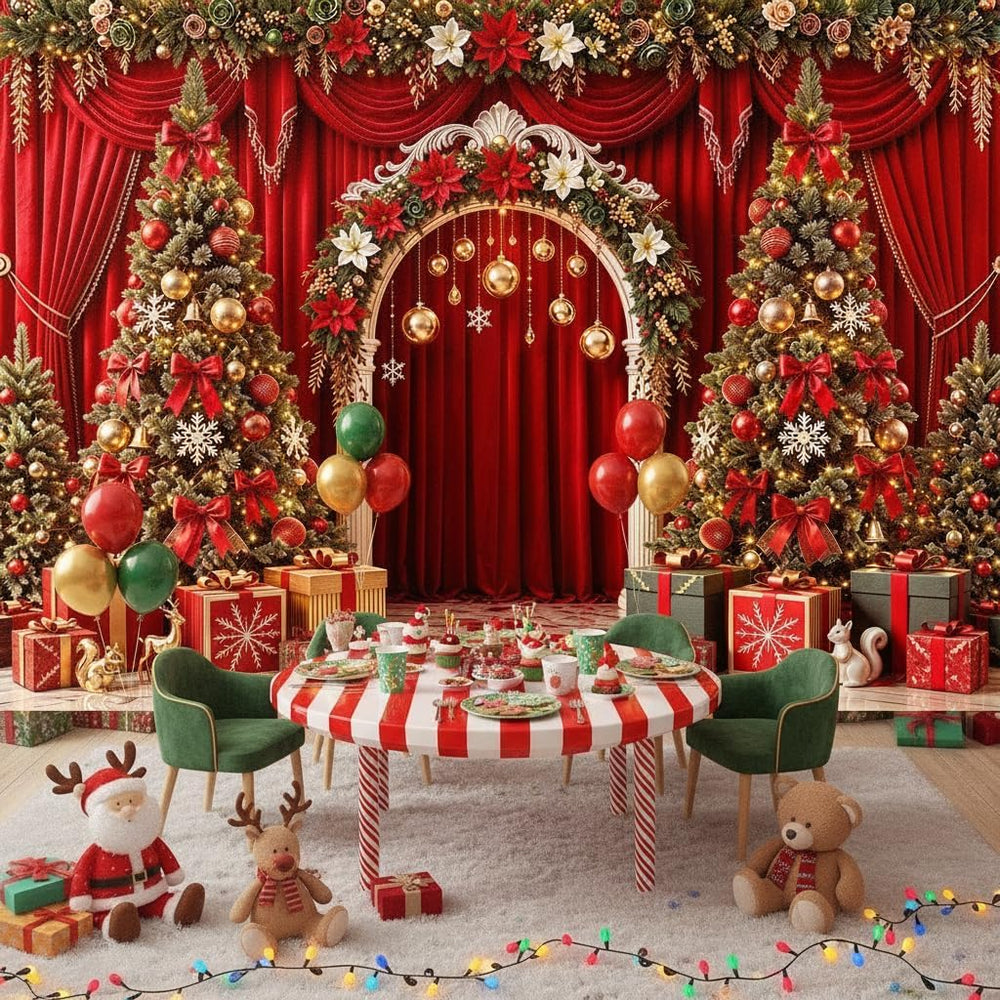 Christmas Backdrop Red Curtain Arch Xmas Tree Photo Background