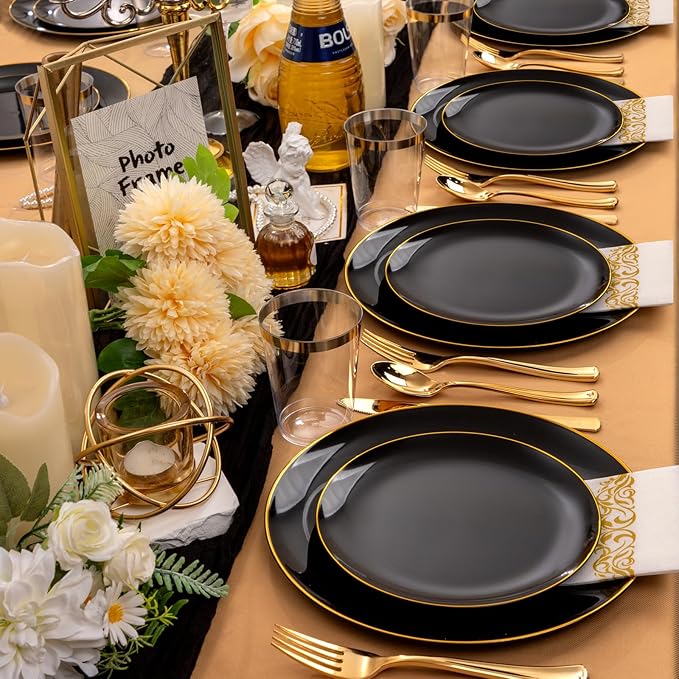 Supernal 350pcs Black & Gold Plastic Dinnerware Set, Elegant Black Plates with Golden Edges, Gold Plastic Silverware, Durable Tableware Perfect for Birthdays, Parties, Wedding, Celebration