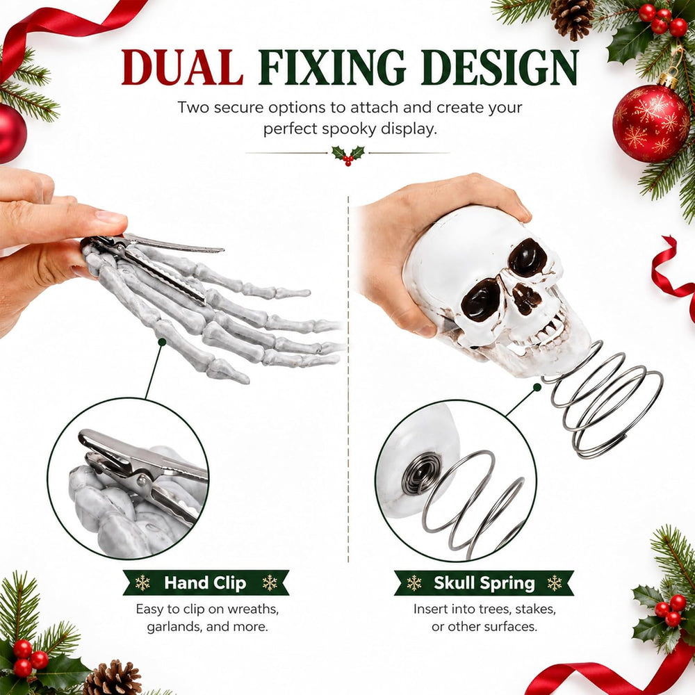 8" Christmas Skull Tree Topper and Red Cloak Skeleton Hand, Goth Xmas Decor
