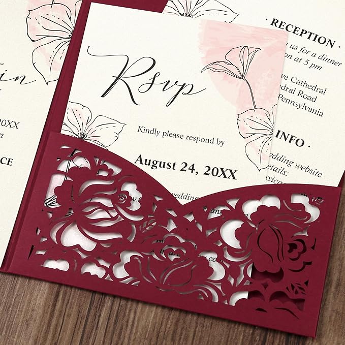 DORIS HOME 50pcs Laser Cut Wedding Invitation Pockets with Envelopes Burgundy, 5.12" x 7.12"Invitation Cards for Wedding, Anniversary (No Inserts Included)