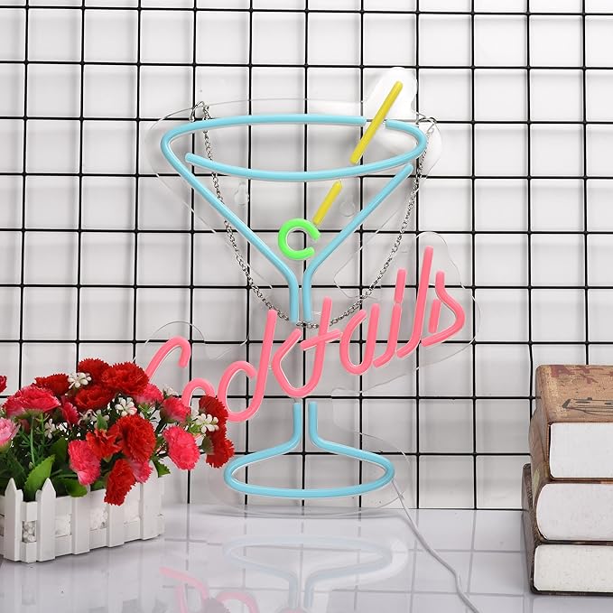 Cocktails Neon Sign for Wall Decor Man Cave Bar Home Art Neon Light LED Neon Lights Signs with Dimmer for Bedroom Office Hotel Pub Cafe Recreation Room Wall Artwork Sign Decor(15X13inches)
