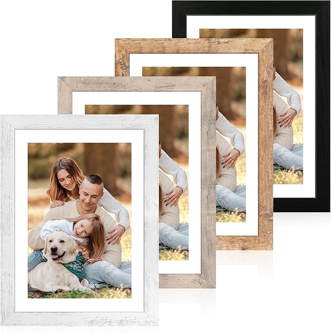 10x14 Picture Frame Set of 4 with Tempered Glass, Display 8x12 Picture with Mat or 10 x 14 Without Mat, Mixed Color Wood Photo Frames for Wall Mounting