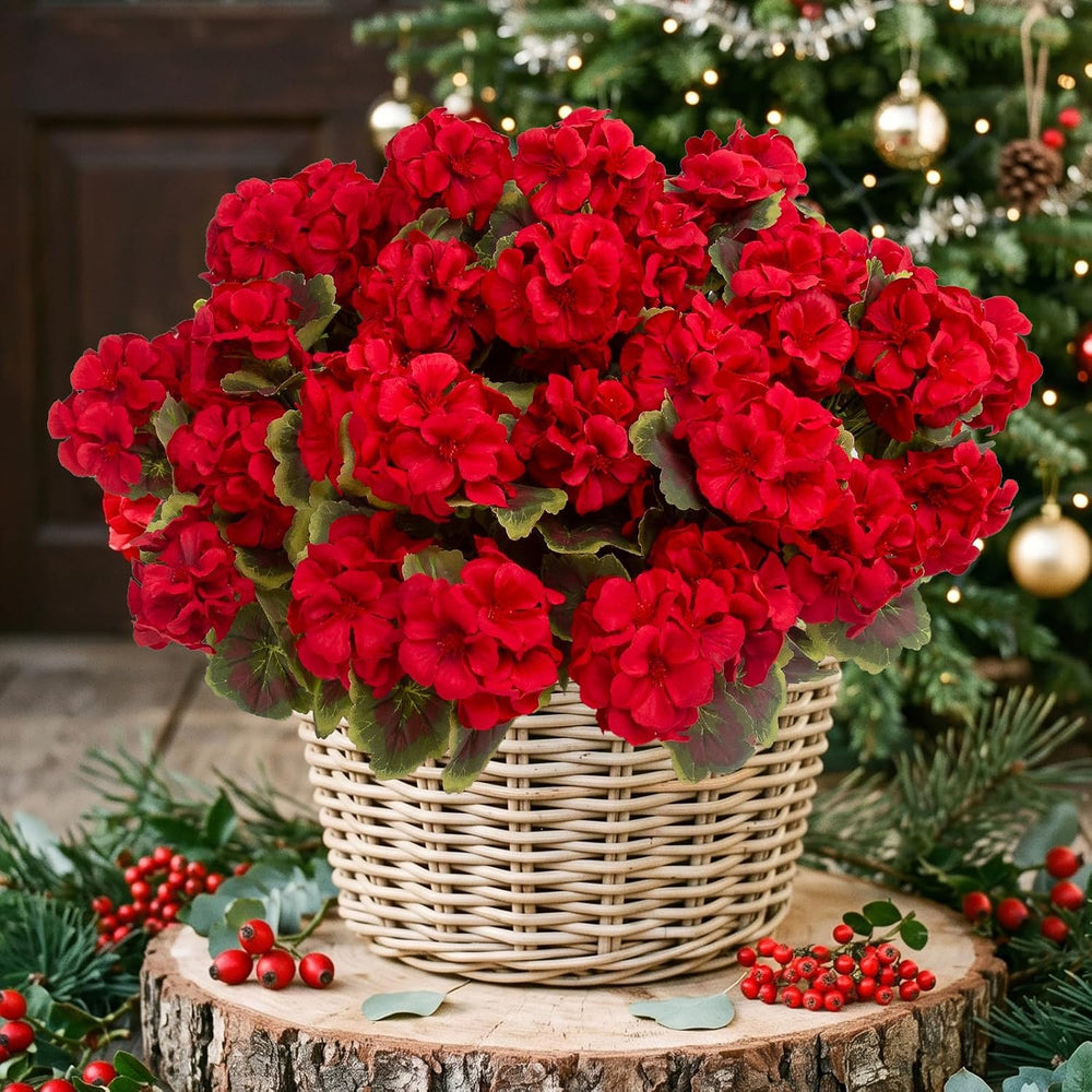 lovemoon 16 Pcs Artificial Geraniums for Outdoor Christmas Decor, Red