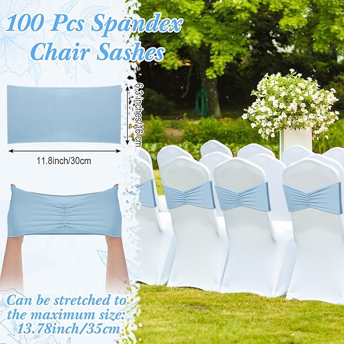 Moukeren 100 Pcs Spandex Chair Sashes Bows Bands Slider Sashes for Chair Covers Elastic Bands Ties Ribbon Decorations for Wedding Party Events Ceremony Birthday Banquet(Sky Blue)