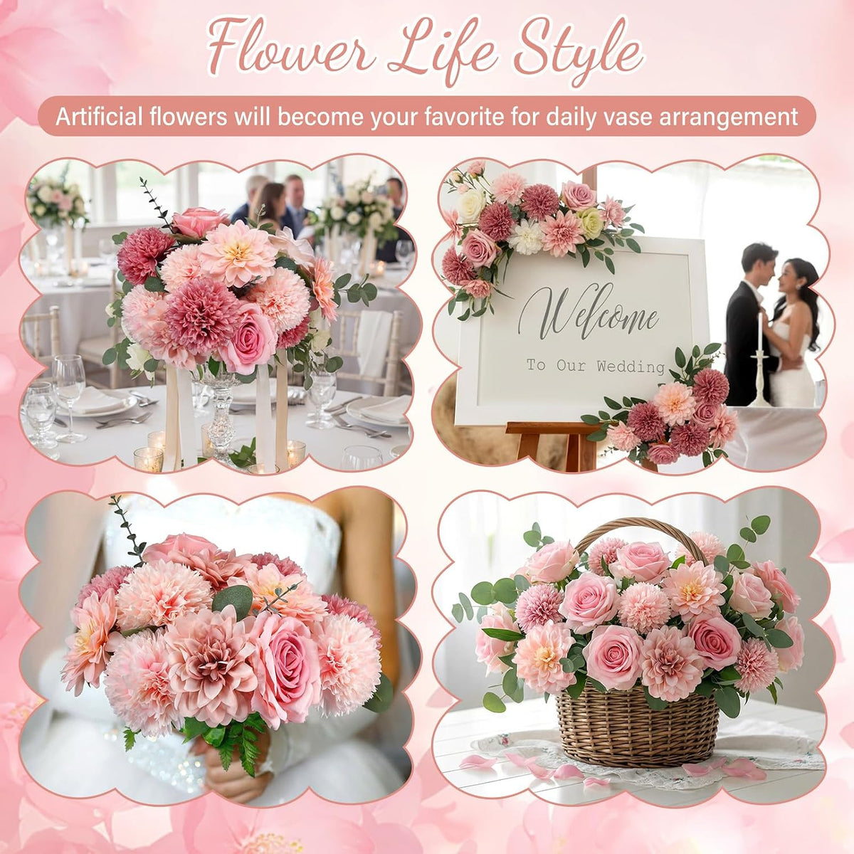 Suncalla 98pcs Artificial Flowers with Stems, Pink Color