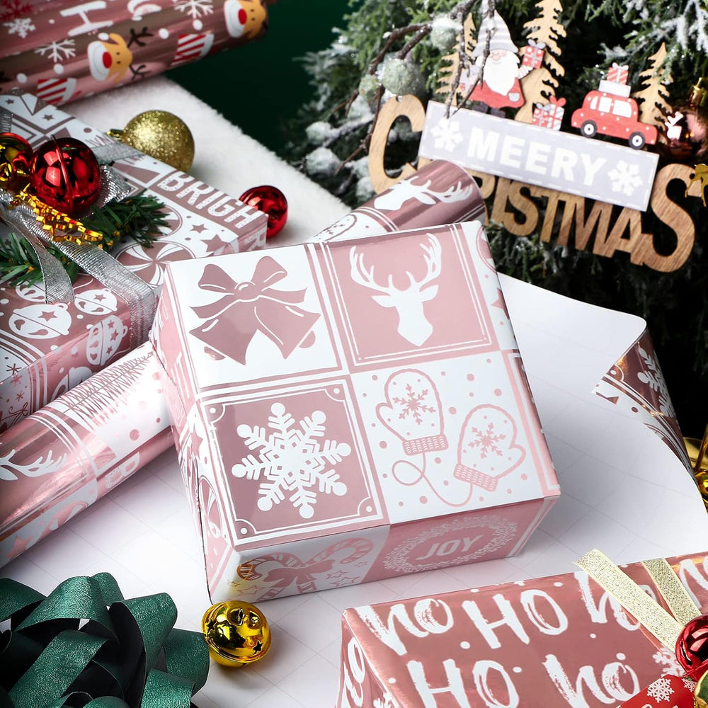 WRAPAHOLIC Christmas Wrapping Paper Set - Rose Gold Santa and Reindeer with M...