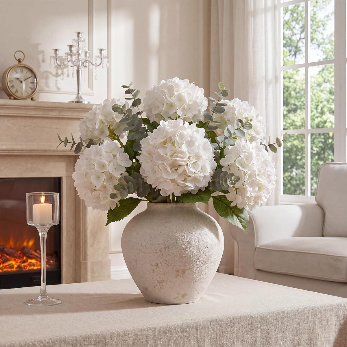 Pinkpum 6 Pcs White Hydrangea Artificial Flowers with Eucalyptus for Vase