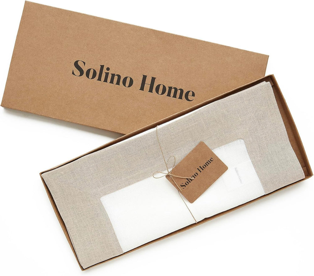 Solino Home 100% Linen Table Runner, 14 x 108 in, Natural and White Border