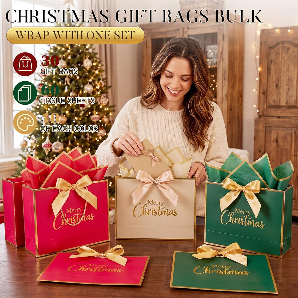 ReliThick 30 Pack Christmas Gift Bags Bulk, 3 Xmas Colors