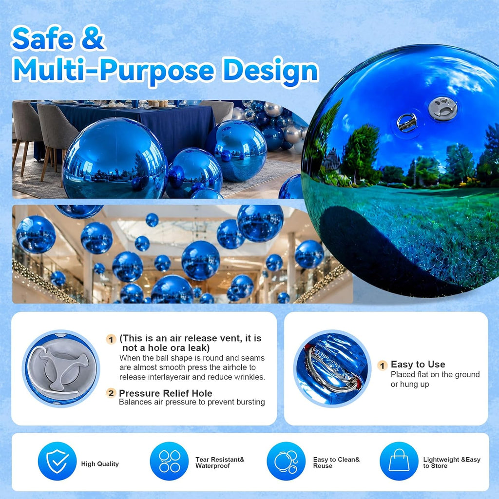 blue inflatable mirror ball shiny balls pool party showing dimensions