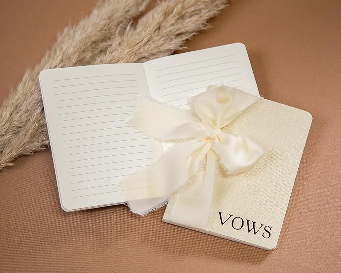 Cream Embossed Slim Vow Books w/Ribbon (Set of 2) - 5.625 x 4 Minimalist Pocket Sized Wedding Ceremony Vow Renewal Speech Notebook Journal