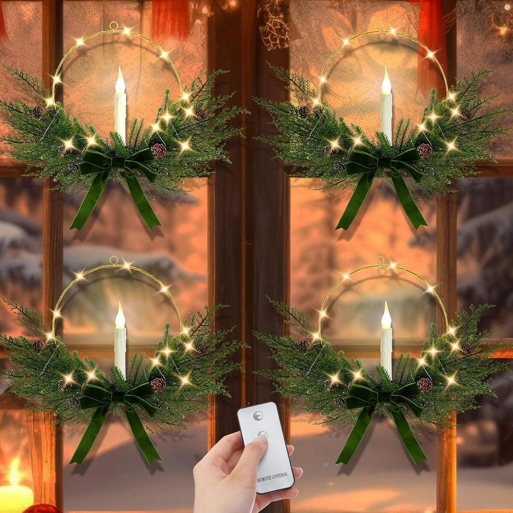 Aurelema 4 Set Christmas Wreath with LED Candles 13'', Bow, Green