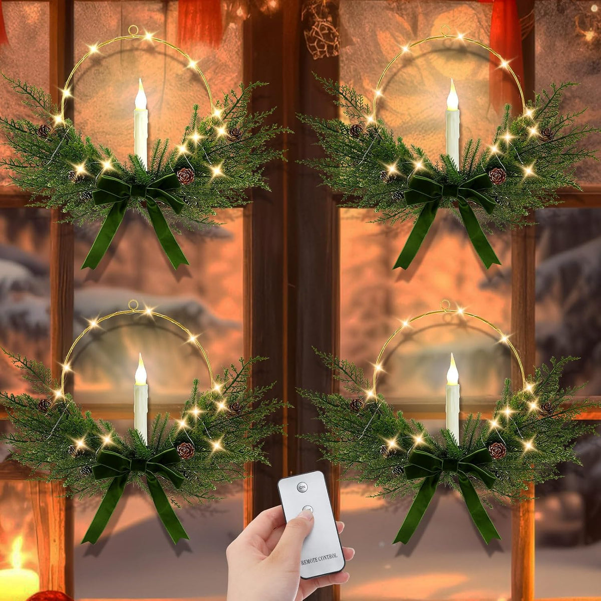 Aurelema 4 Set Christmas Wreath with LED Candles 13'', Bow, Green