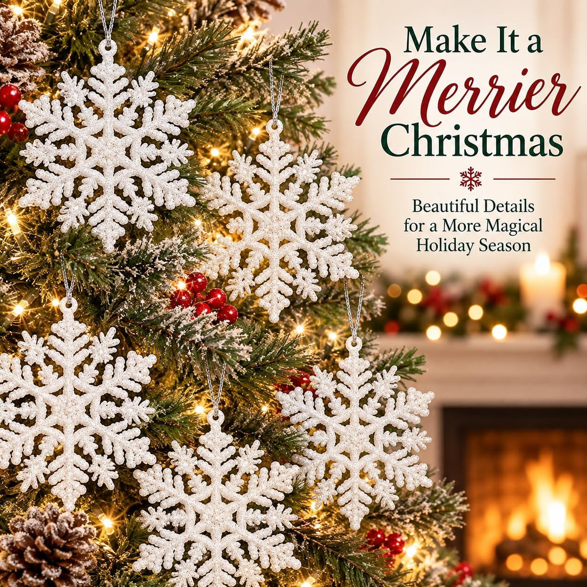 snowflake christmas ornaments 192 pack, 3 inch white shown in use