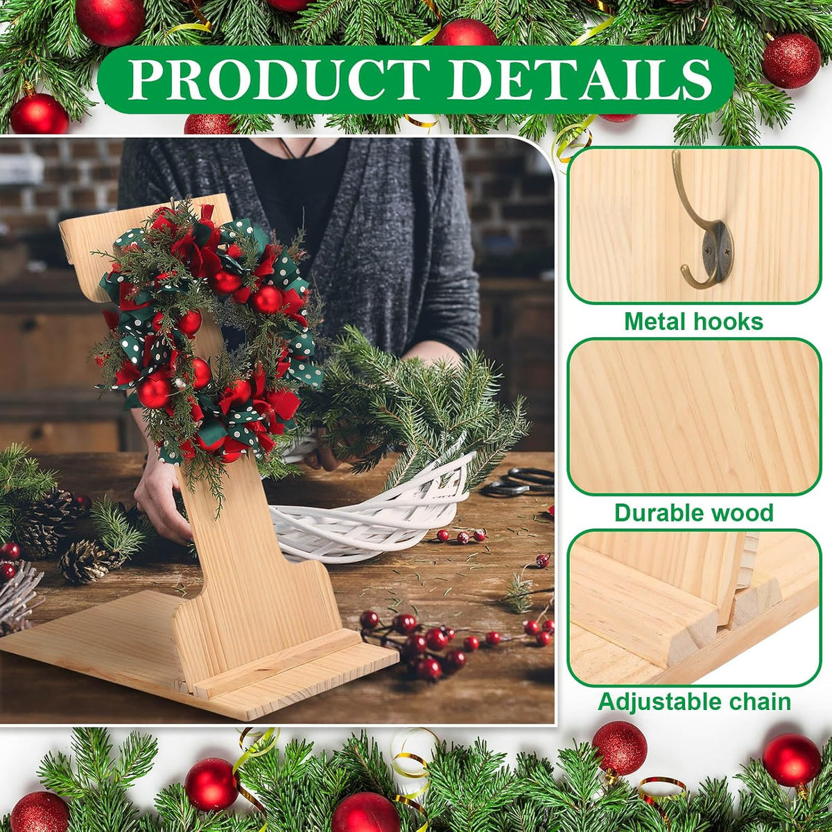 12'' wood wreath easel stand holder board for, close-up detail