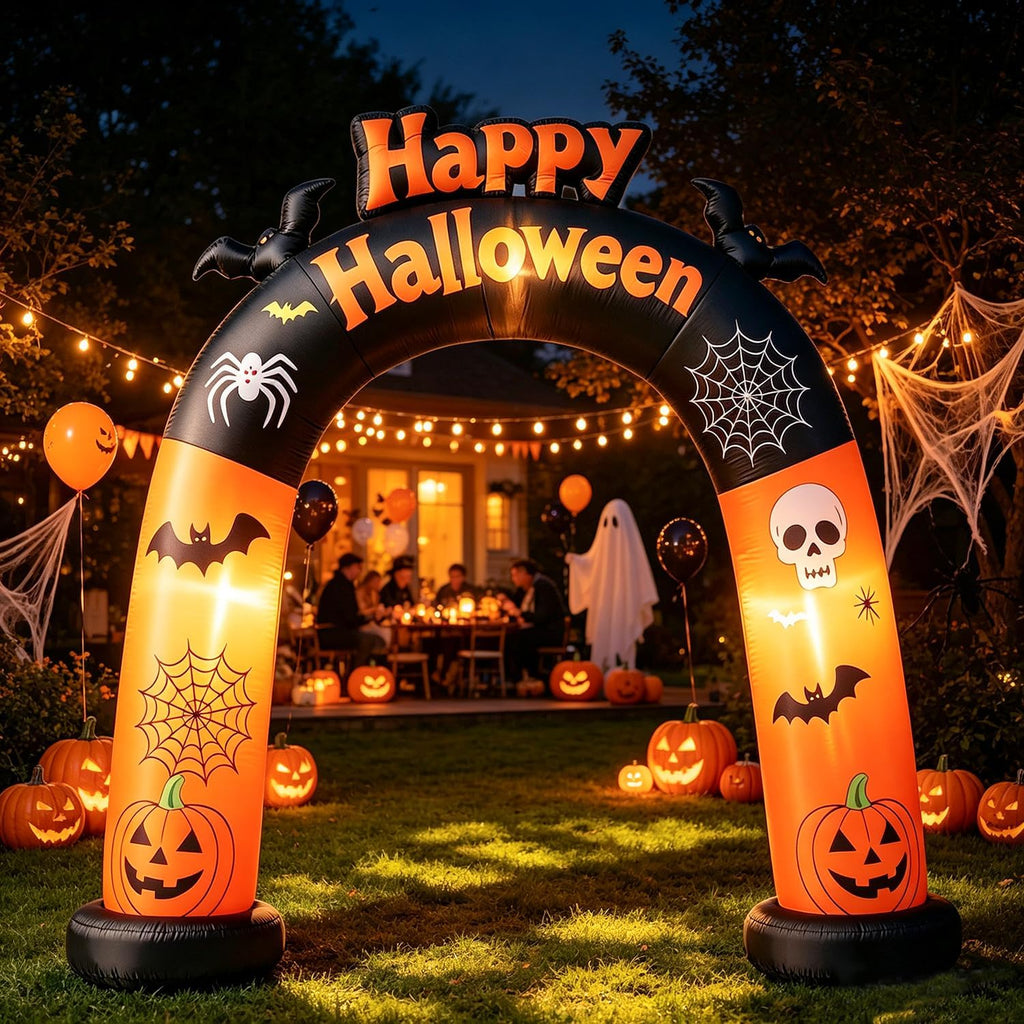 DomKom 8FT Long Halloween Inflatable Archway, Happy Halloween Blow Up Arch with Built-in LED Lights, Pumpkin, Skull, Bat Decor, Outdoor Inflatable Yard Lawn Garden Halloween Party Decorations