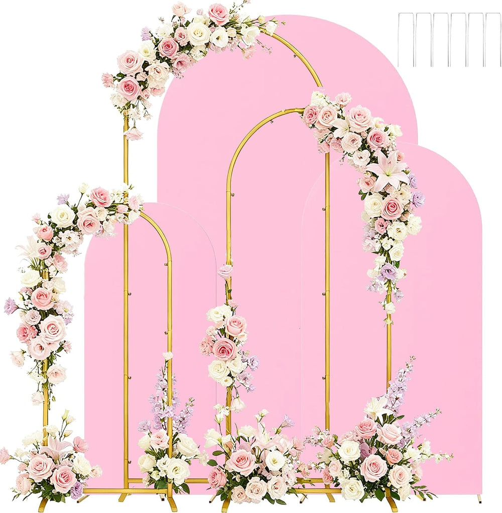 Set of 3 Metal Arch Backdrop Stands with Pink Covers, 6/6.6/7.2FT