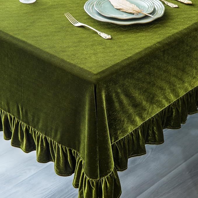 Velvet Tablecloth Luxurious Solid Rectangle Table Cloth,Oblong Retro Farmhouse Ruffle Tablecloths Washable Table Cover for Party Wedding Baby Shower Kitchen Dinning Tabletop Decoration