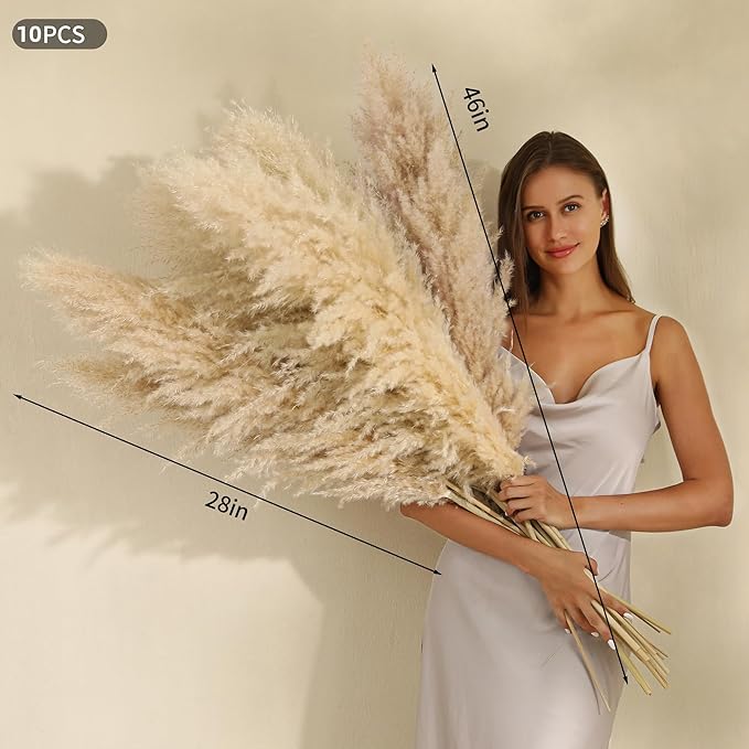 10 Stems 46 inch Tall Pampas Grass Decor - Large Fluffy Dried Pompas Grass for Floor Vase - Rustic Wedding, Baby Shower, Party, Farmhouse, Boho Home Decor