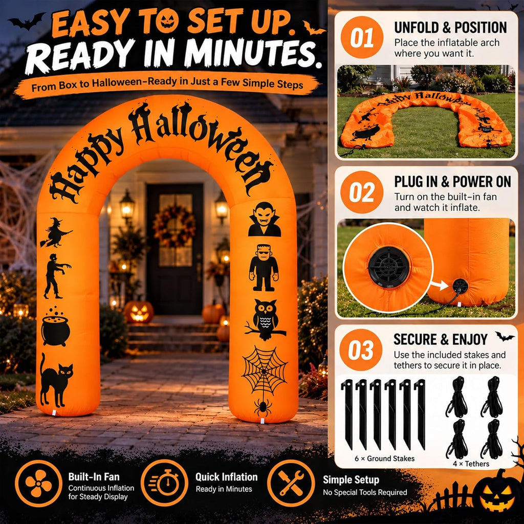 8FT Halloween Inflatable Arch with LED Lights, Orange, Happy Halloween Archway with Witch, Zombie, Vampire, Frankenstein, Owl, Spider, Black Cat for Indoor Outdoor Decor