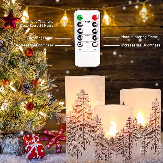 Silverstro Christmas Tree Flameless Candles with Remote Control & Timer Function, Real Wax Glass Candles, Home Party Wedding Holiday Xmas Decor, Set of 3