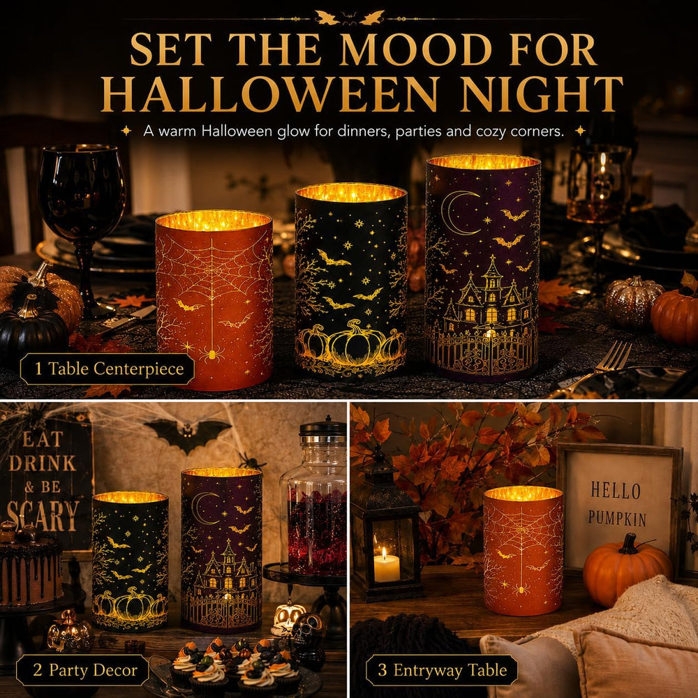 Wind Shear Halloween Glass Lanterns Set of 3, Lighted Decor