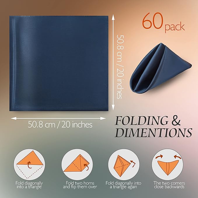 Manyshofu 60 Navy Blue Satin Napkins - 20x20 Inches Square Fabric Napkins Set - Soft & Reusable for Wedding Dinner Party Lunch (60 Pieces)