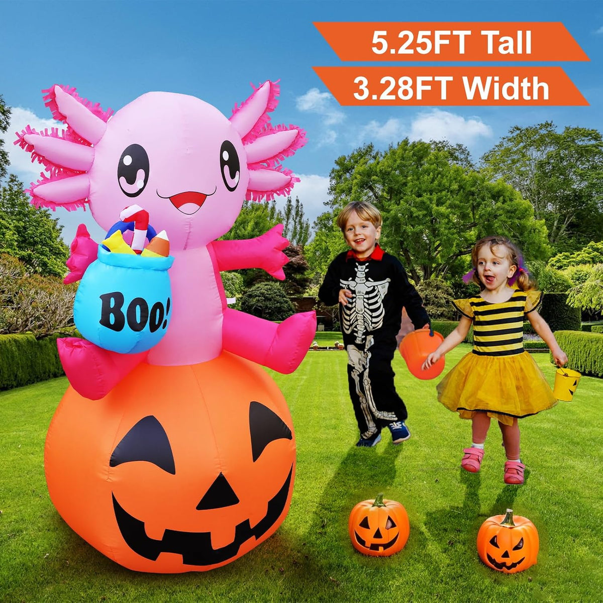 anroog halloween decorations outdoor 5.2ft axolotl inflatables pumpkin shown in use