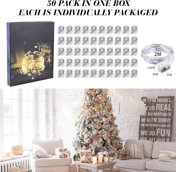ZGWJ 50 Pack Fairy Lights Battery Operated, 7ft 20 Mini LED Fairy String Lights Silver Wire 3 Modes for DIY, Parties, Wedding, Bedroom, Halloween Christmas Decoration Silver White