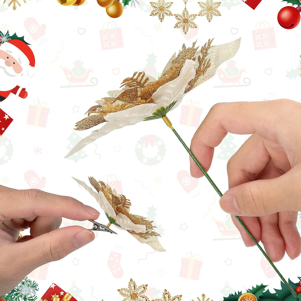 60Pcs Artificial Poinsettia Christmas Flowers Berries Xmas Decor Gold