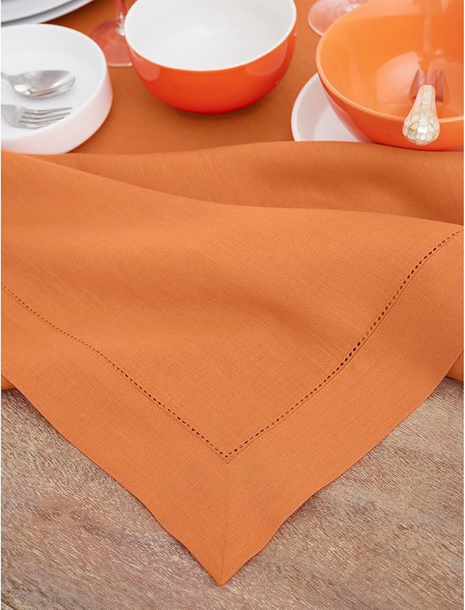 Solino Home Linen Tablecloth 60 x 90 Inch - Classic Hemstitch 100% Pure Linen Pumpkin Table Cloth for Rectangle Tables - Machine Washable Tablecloth for Fall, Autumn, Halloween, Thanksgiving, Holiday