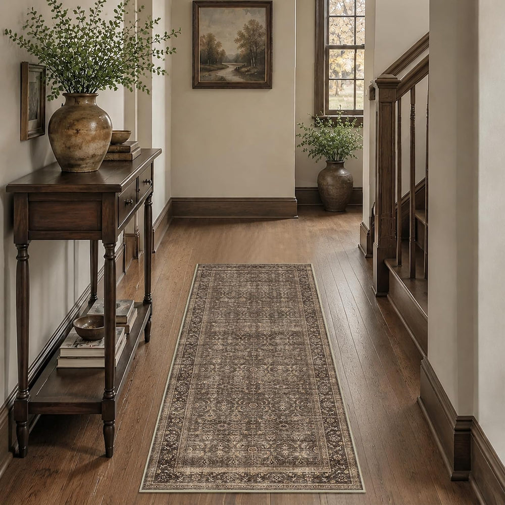 2x5 Brown Vintage Floral Low Pile Non Slip Washable Boho Runner Rug