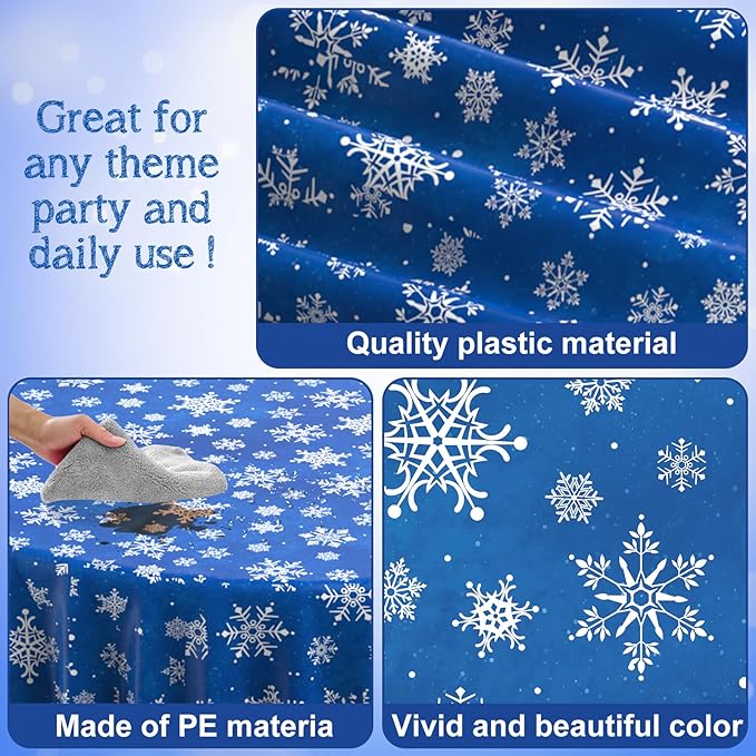 Jectivs 12 Pieces Christmas Snowflake Plastic Party Tablecloth Decorations,Disposable White Snowflake Blue Xmas Round Table Cover Backdrop for Winter Christmas Holiday Party Supplies,84 inch (Blue)