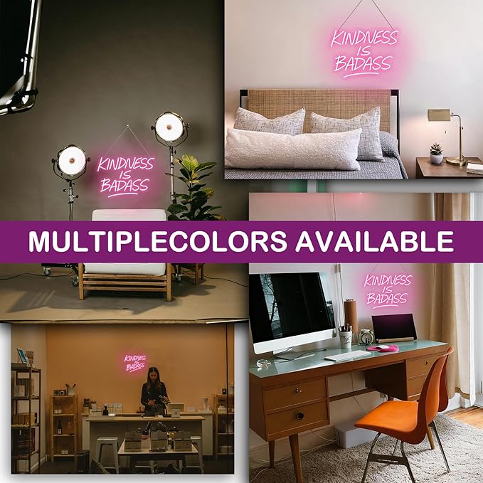 KINDNESS IS BADASS Neon Sign – Pink LED Wall Light, Inspirational Neon Word Sign for Bedroom, Dorm, Living Room, Office & Gift Décor