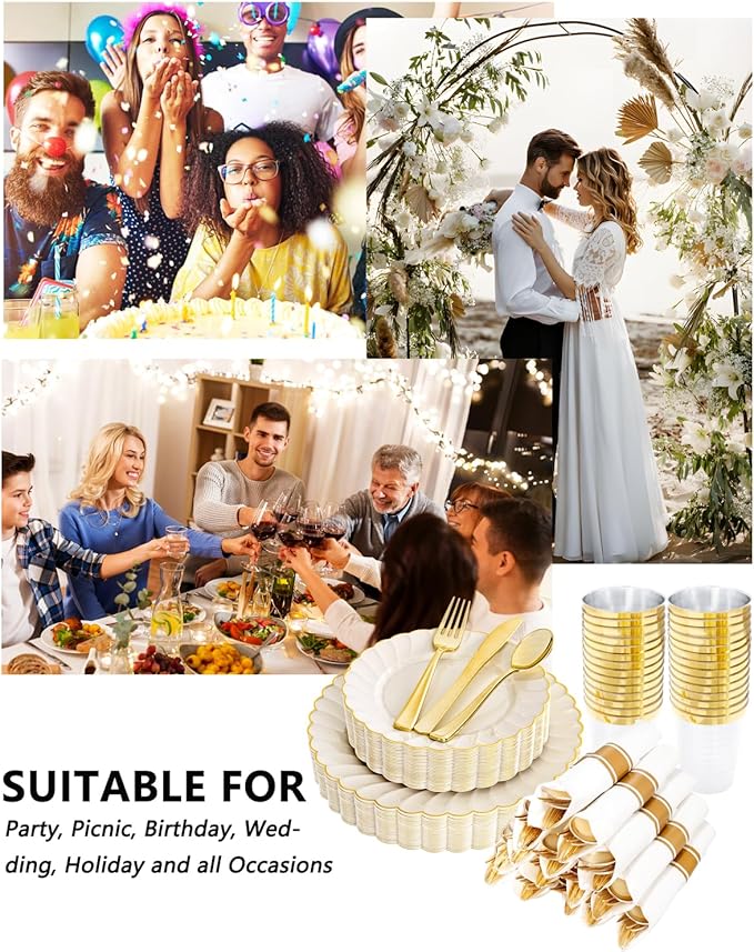 YOUBET 350PCS Ivory Scalloped Plastic Plates - Ivory and Gold Disposable Dinnerware Set Include 100 Plates, 150 Gold Silverware, 50 Cups, 50 Napkins for Wedding & Party & Thanksgiving