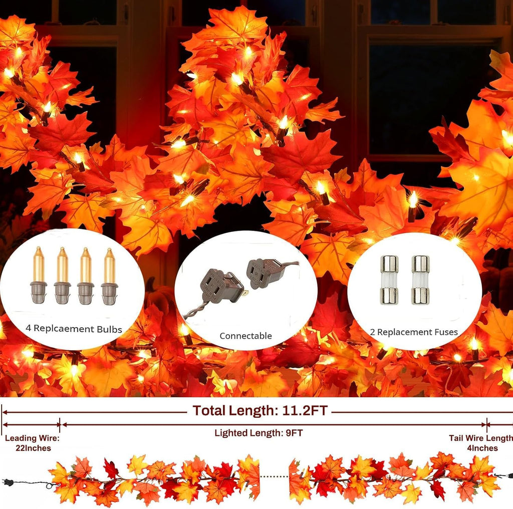fall decorations lighted fall garland, 9ft 50 count, side view