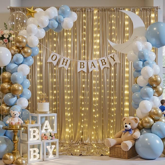 10x10 ft Champagne Sequin Backdrop Curtain with Lights for Parties, Wrinkle Free Glitter Photo Backdrop Drapes Shimmer Back Drop Cloth for Wedding Birthday Photography Background