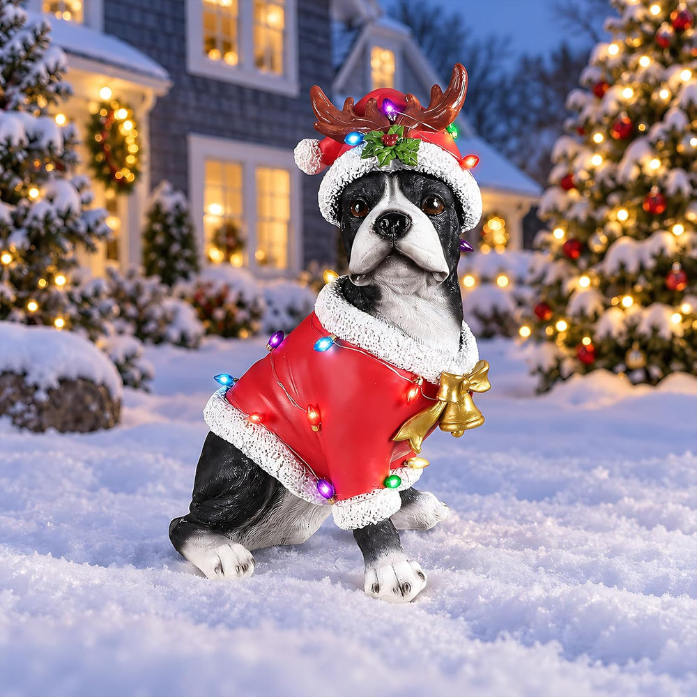 Lighted Christmas Bulldog Statue with Antler Hat