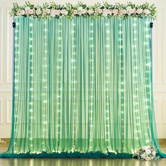 Hunter Green Tulle Backdrop Curtains with Lights String for Parites 10x10ft Sheer Backdrop Curtains Drapes for Birthday Party Bridal Shower Baby Shower Photo Booth Background Decorations