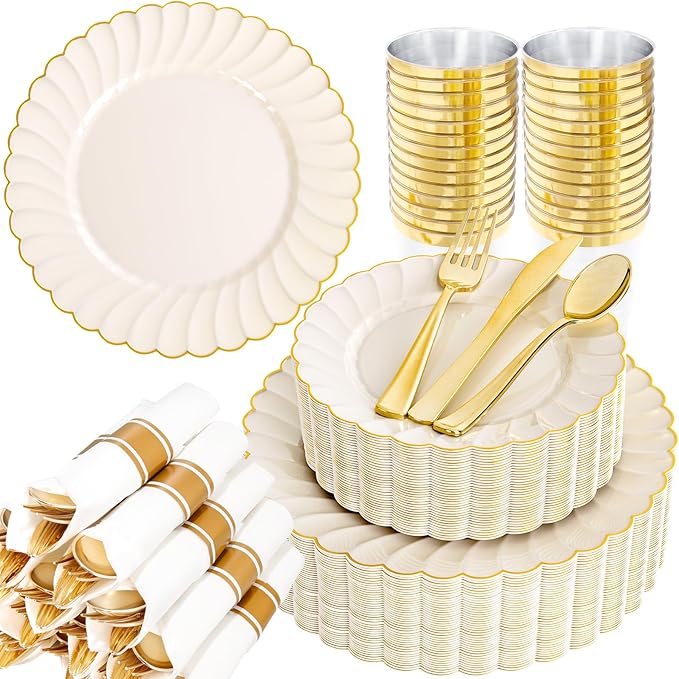 YOUBET 350PCS Ivory Scalloped Plastic Plates - Ivory and Gold Disposable Dinnerware Set Include 100 Plates, 150 Gold Silverware, 50 Cups, 50 Napkins for Wedding & Party & Thanksgiving